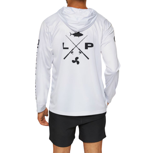 Crossed Rods fishing hoodie back view – Lake Pacific UPF 50+ performance hoodie