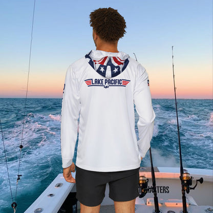 Angler wearing Lake Pacific Top Gun performance fishing hoodie on the water