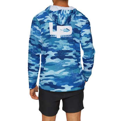 Blue Camo fishing hoodie back view – Lake Pacific UPF 50+ performance hoodie