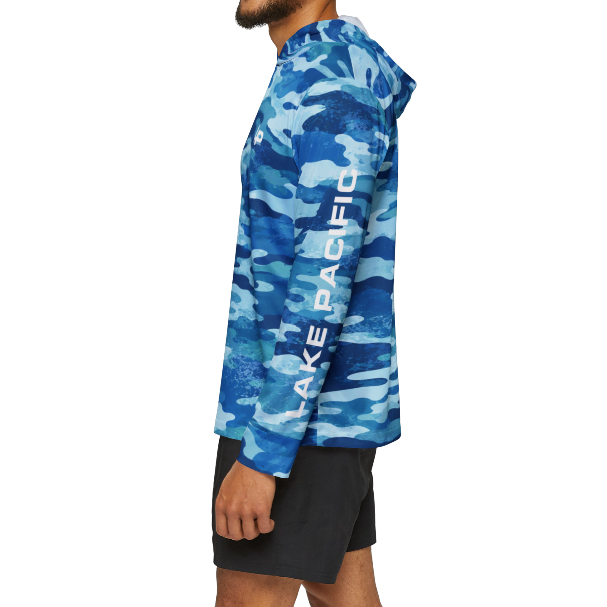 Blue Camo performance fishing hoodie front detail – lightweight moisture wicking angler hoodie
