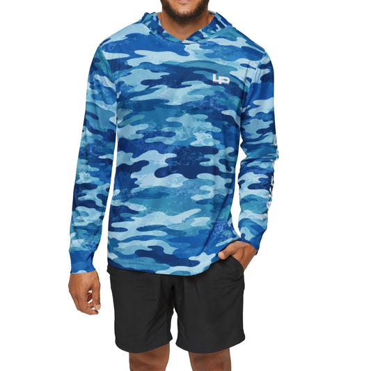 Lake Pacific Blue Camo performance fishing hoodie – UPF 50+ camo pattern sun hoodie for anglers