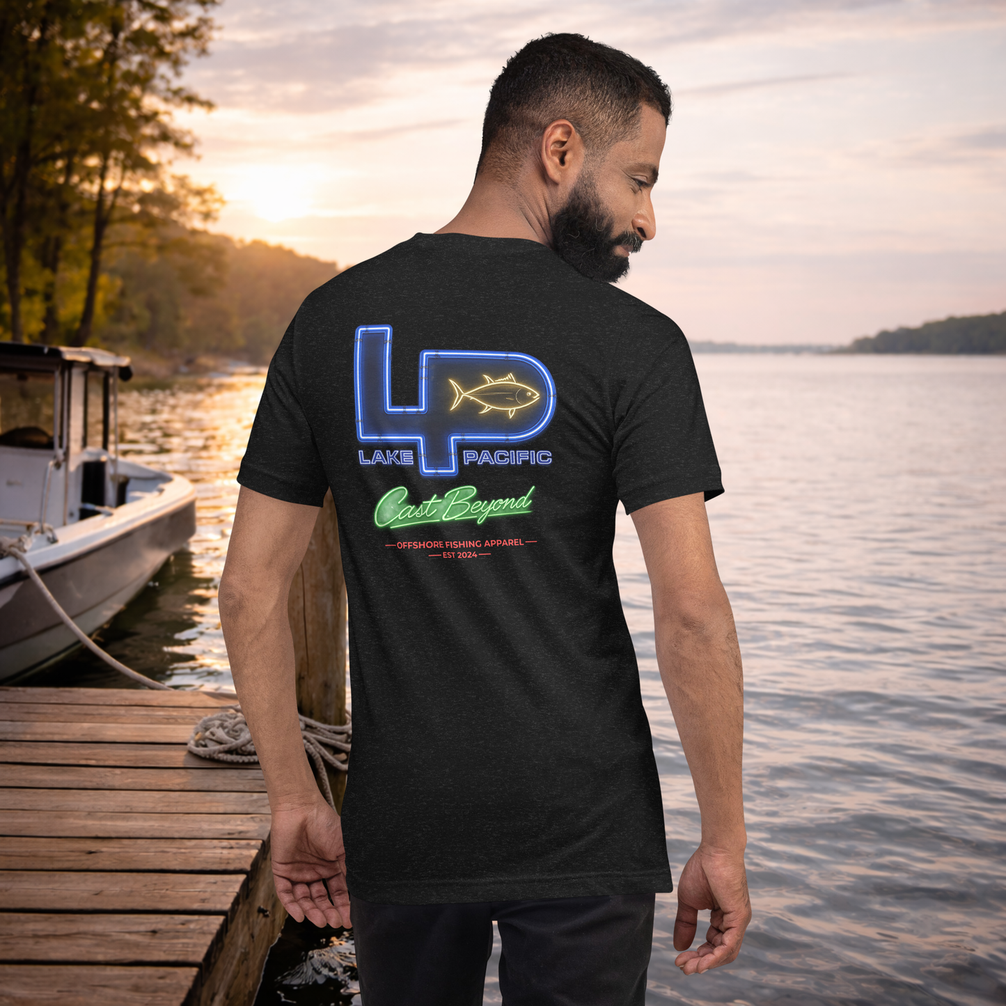 Vintage neon design artwork for Lake Pacific retro fishing lifestyle t-shirt