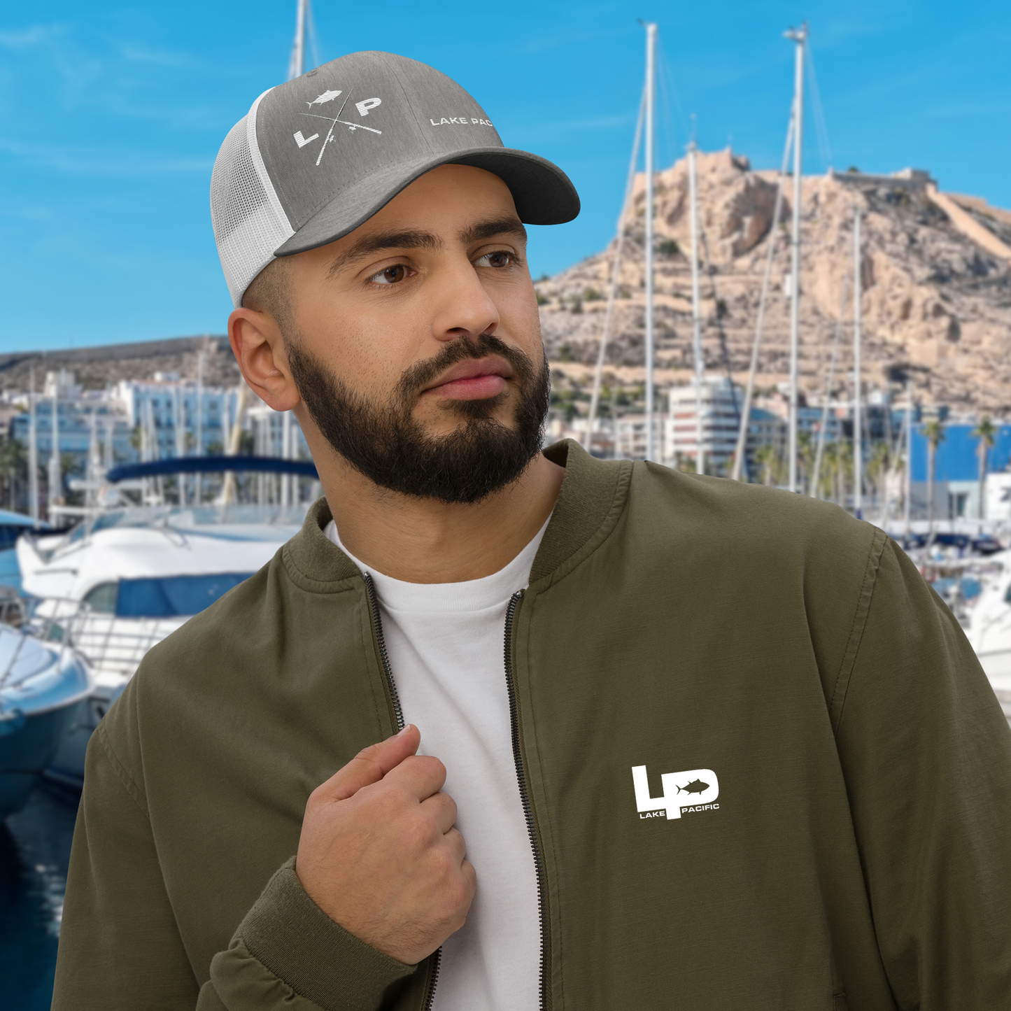 Lake Pacific Trucker Cap — Crossed Rods (White)