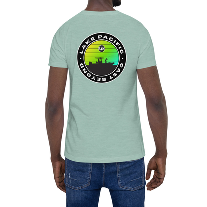 Lake Pacific Silhouette tee back – with horizon silhouette boat graphic