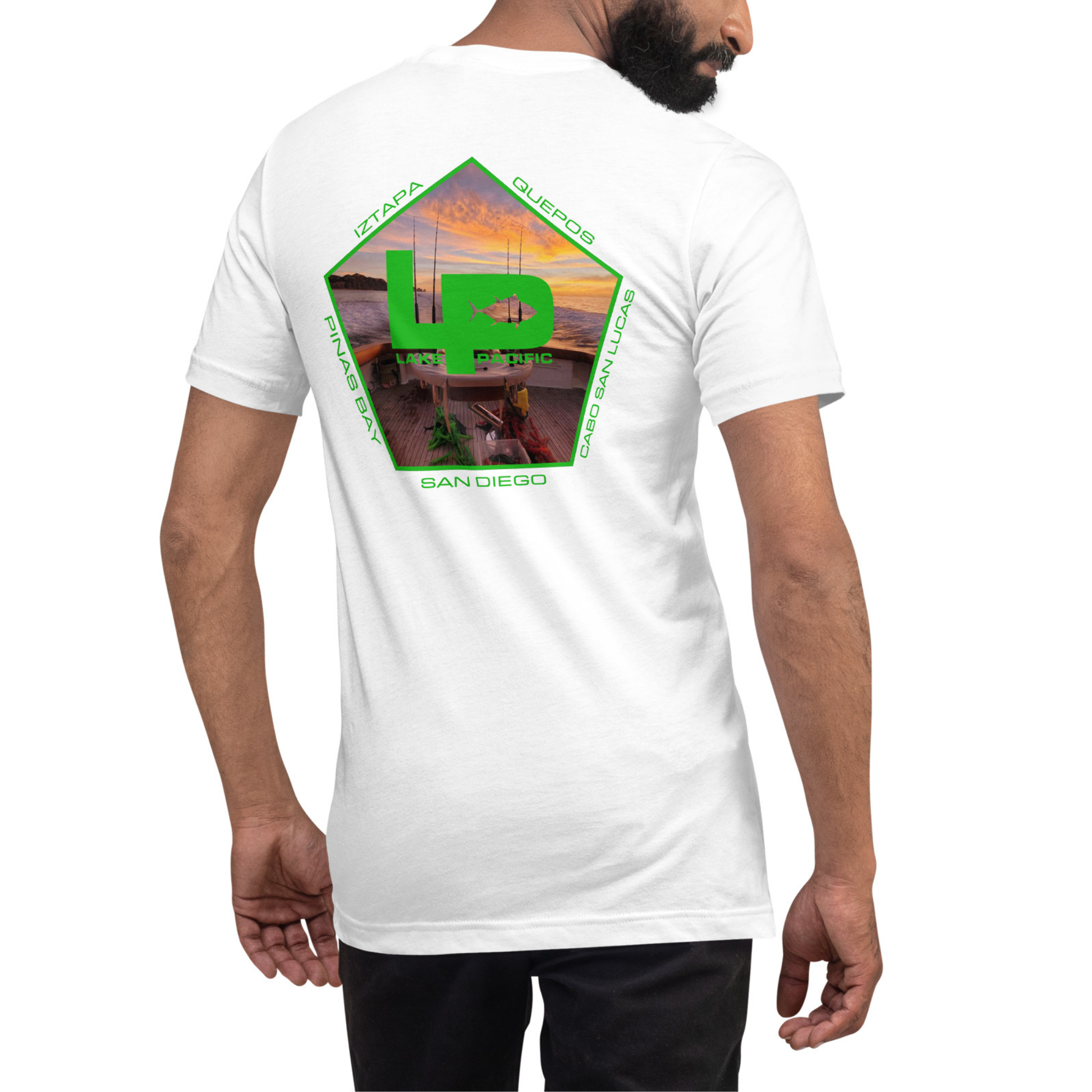 Lake Pacific Origins tee back – with San Diego Cabo fishing origin graphic