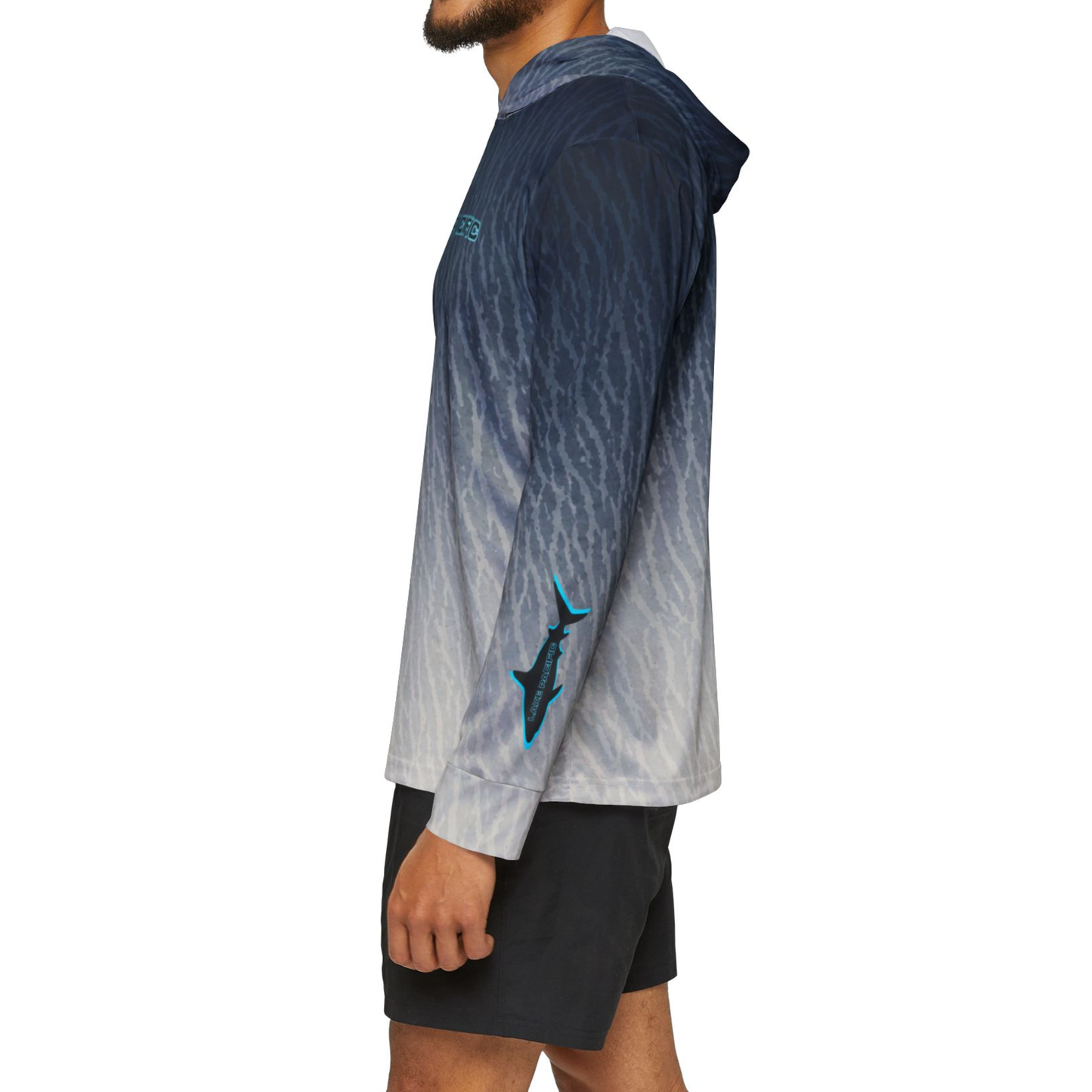 Tiger Shark performance fishing hoodie front detail – lightweight moisture wicking shark fishing hoodie
