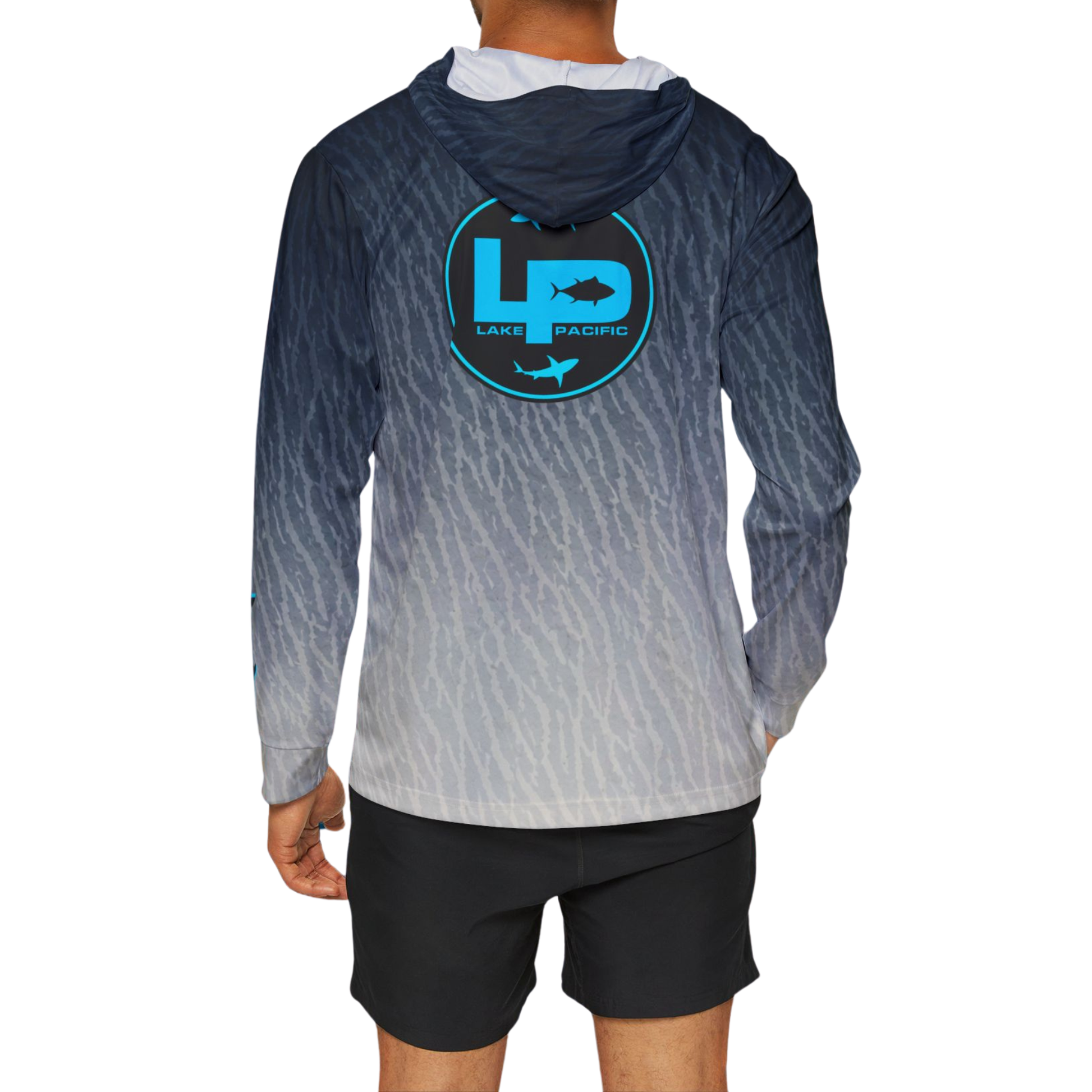 Tiger Shark fishing hoodie back view – Lake Pacific UPF 50+ performance hoodie