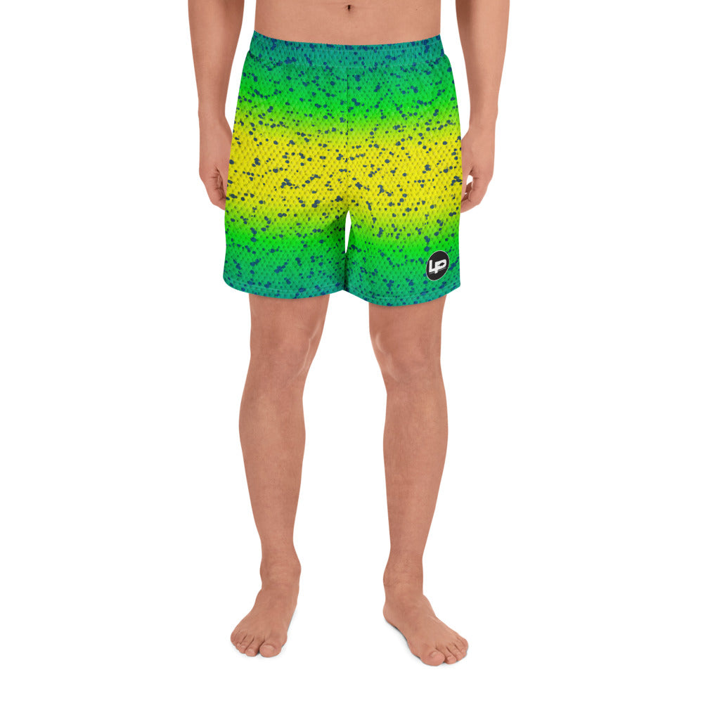 Lake Pacific Dorado Performance Long Shorts front – UPF 50+ mahi-mahi design athletic shorts