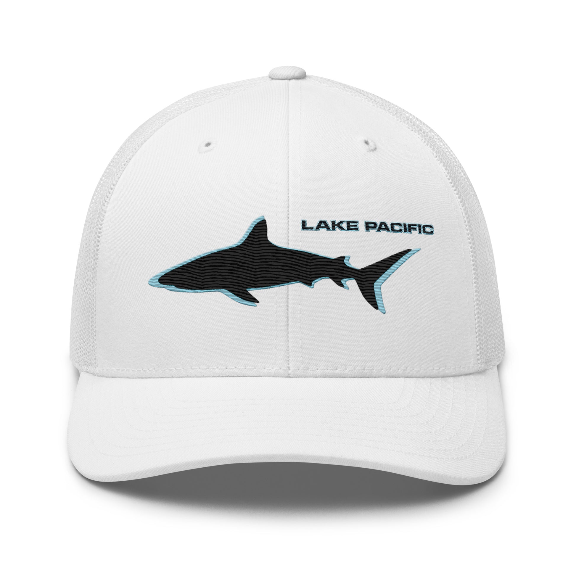 Lake Pacific Shark Neon trucker cap front – bold neon shark coastal fishing hat