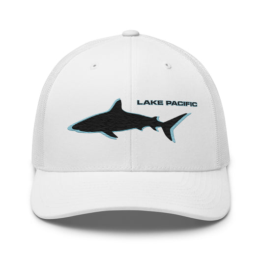 Lake Pacific Shark Neon trucker cap front – bold neon shark coastal fishing hat