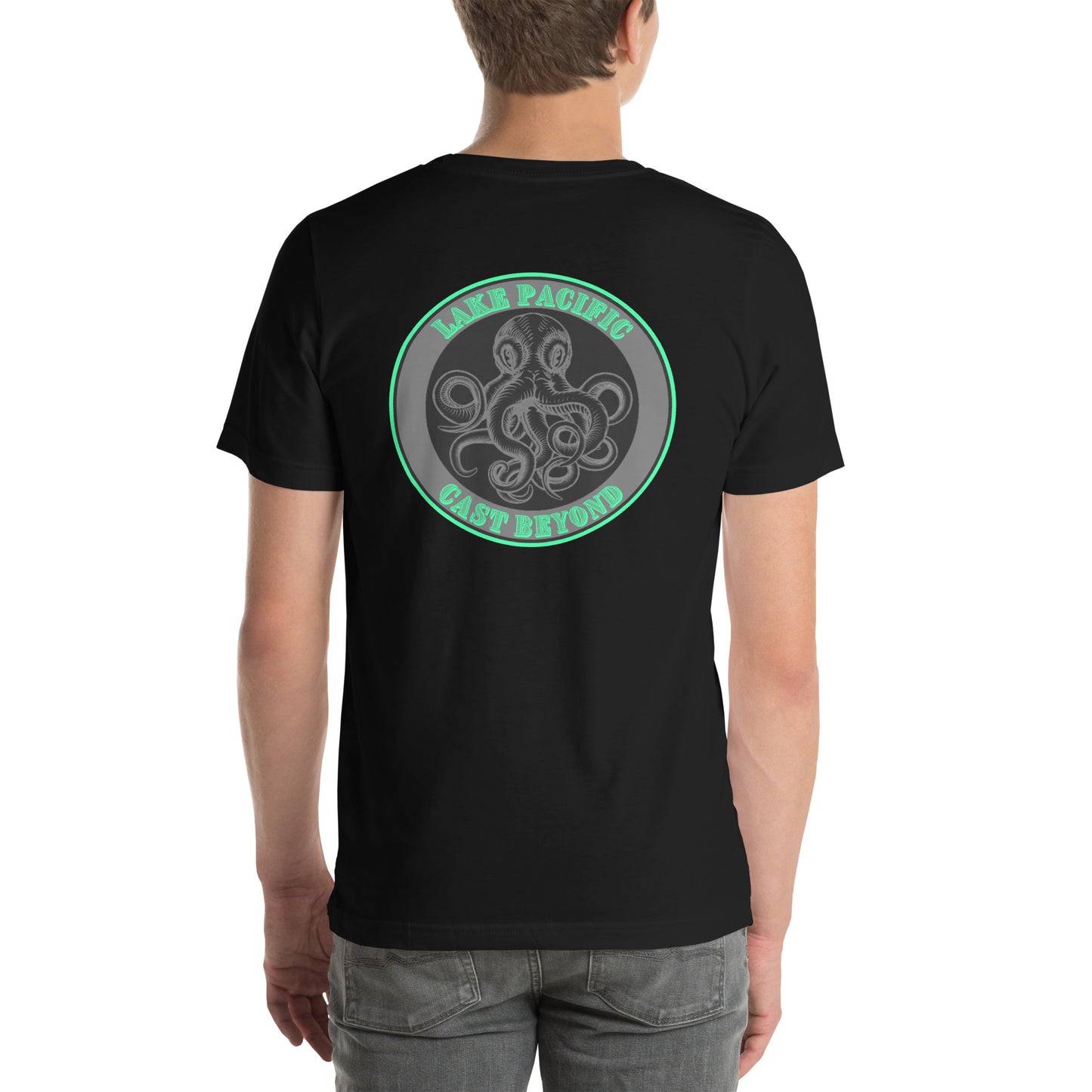 Lake Pacific Octo tee back – black heather with octopus Cast Beyond graphic