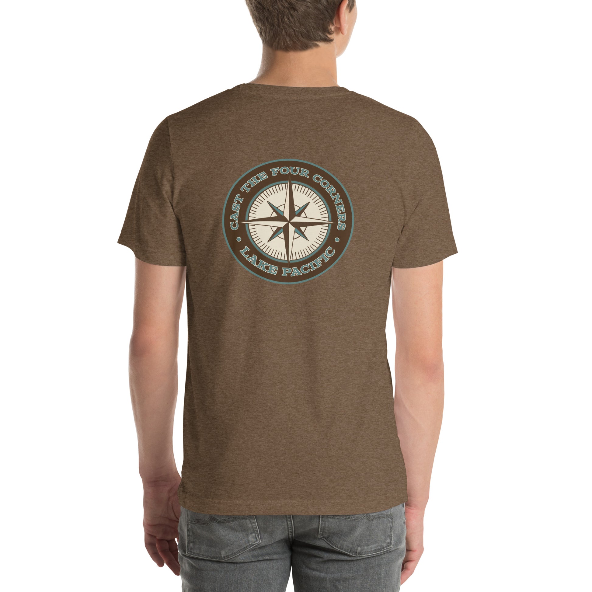 Lake Pacific Compass tee back – heather brown with compass rose graphic