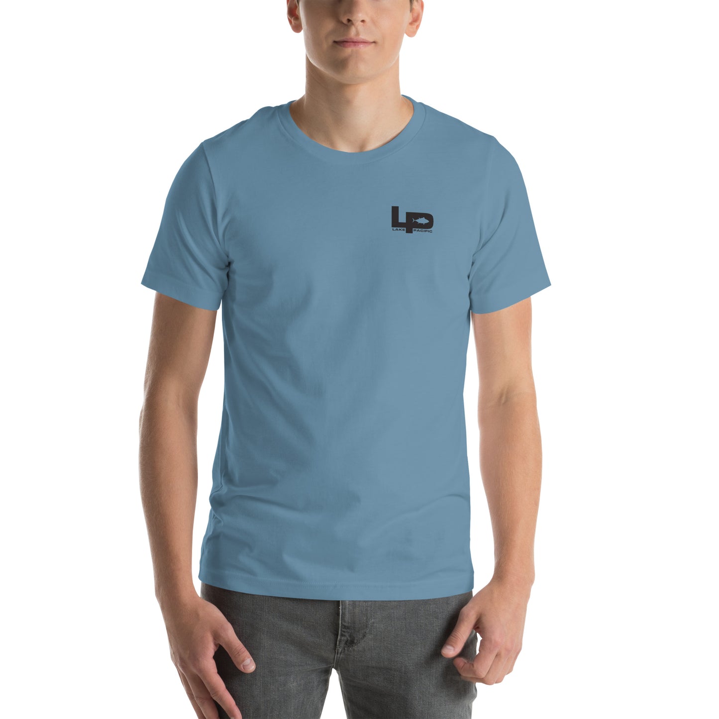 Lake Pacific LPT Core Logo tee front – steel blue premium cotton fishing shirt
